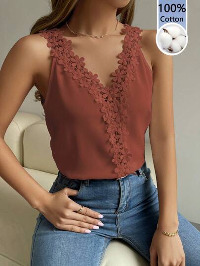 EMERY ROSE Women's Elegant V-Neck Sleeveless Top With Decorative Applique