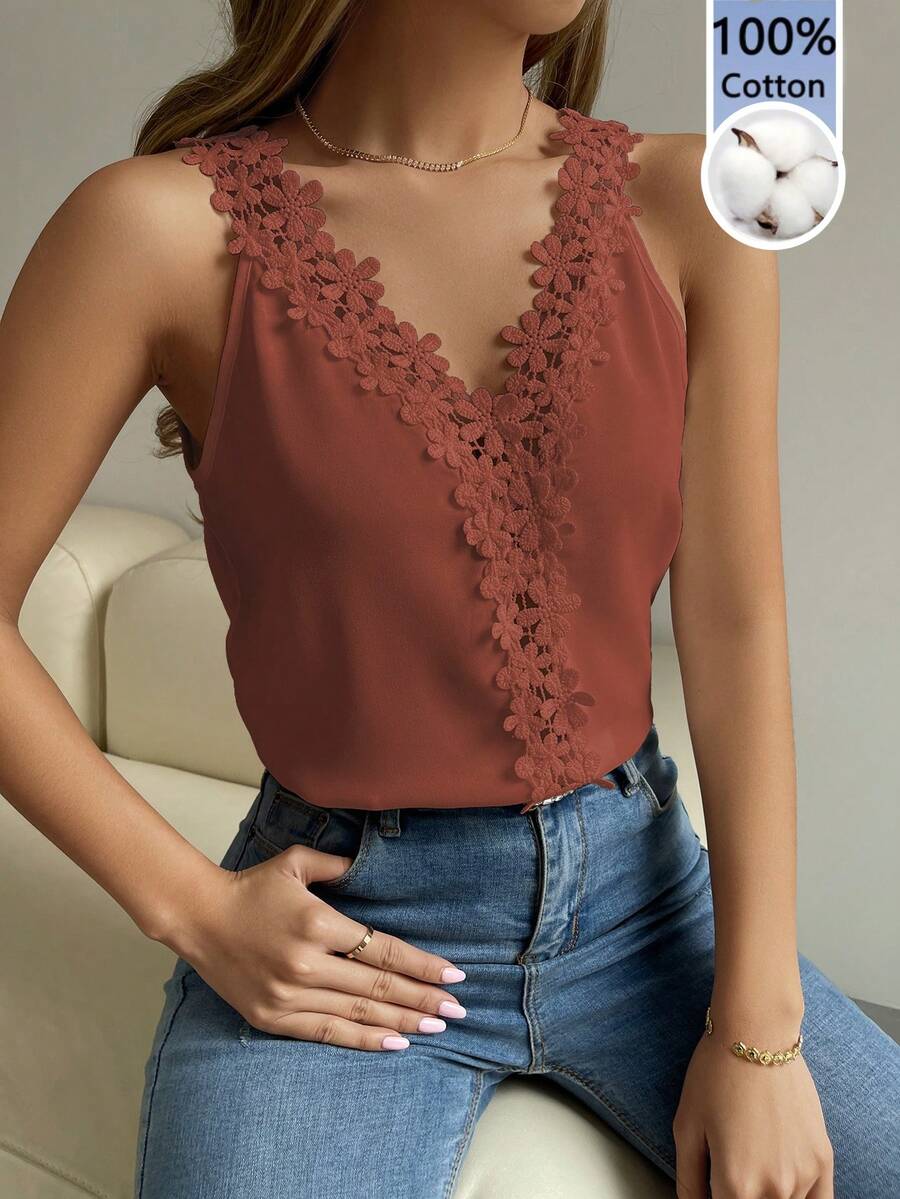 EMERY ROSE Women's Elegant V-Neck Sleeveless Top With Decorative Applique - Redwood - View 1