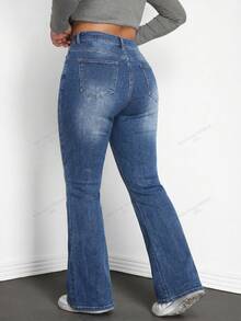 SHEIN ICON Jeans acampanados de talla grande con lavado casual y ajuste slim - Neblina azul - Ver 2