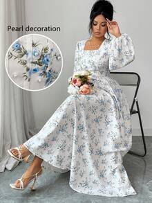 Modelyn New Pleated Textured Fabric Ditsy Floral Romantic Vacation Cinched Waist Versatile Party Dress,Dresses For Women Summer - Blue - View 2