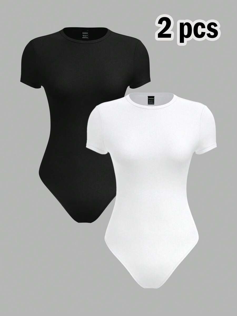 SHEIN BASICS 2pcs Black & White Minimalist Style Women's Bodysuit, Versatile For Spring & Summer - Multicolor - View 1
