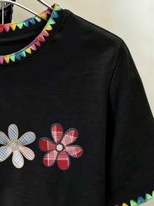 Teen Girls Black Summer Casual School Cute Multicolor Shell Embroidered Floral Graphic Loose Round Neck Short Sleeve T-Shirt,Colorful Shell Trim - Black - View 4
