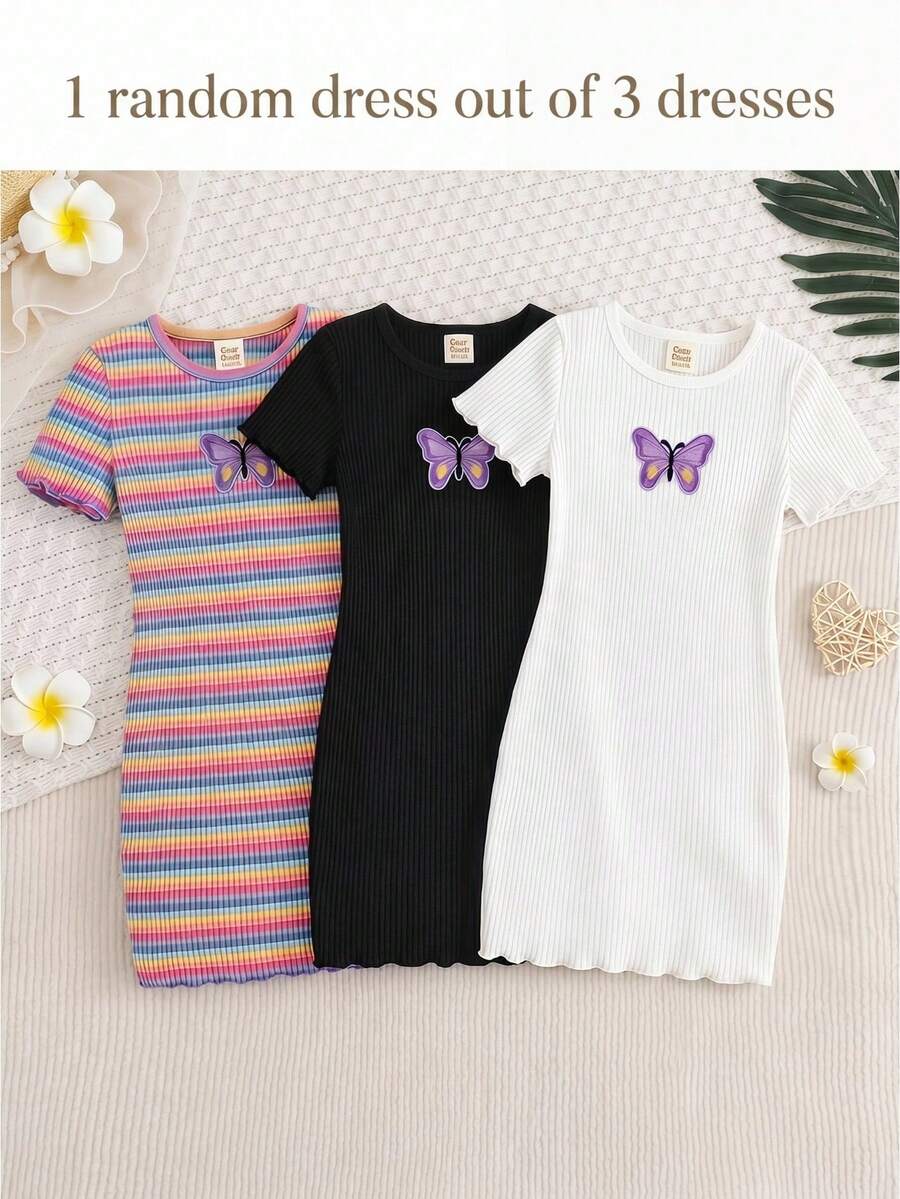 Cozy Pixies 1 Đầm dệt kim dễ thương, kiểu dáng thường ngày, thích hợp cho bé gái mùa xuân/hè, màu đen/trắng/sọc nhiều màu, cổ tròn, tay ngắn, họa tiết bướm, ôm dáng. - Nhiều màu - Xem 1