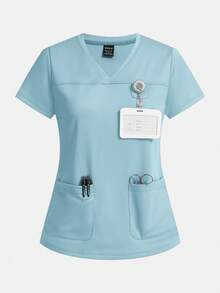 TaskEZ 3pcs Women's Basic V-Neck Double Pocket Short Sleeve Scrub Uniform Set - Multicolor - View 10