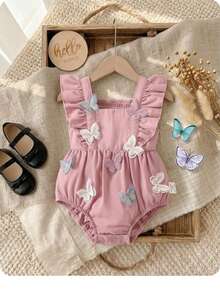 Pelele de verano casual con volantes y mariposas rosadas para bebé niña recién nacida - Rosa - Ver 1