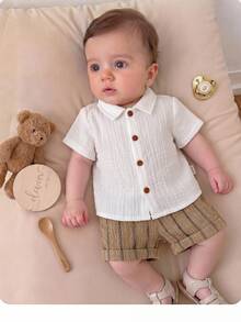 2pcs Newborn Baby Boy Black And White Striped,Summer,Casual,Family Matching Solid Color Shirt And Shorts Set For Wedding Party,Baby Shower,Pageboy - Coffee Brown - View 2