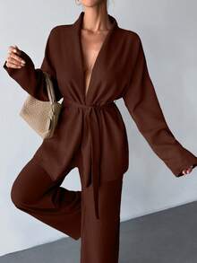 EURMUSE 2 Pieces Set, With Belt Detail, Comfortable Outfit, Suitable For Home And Outdoor Wear - Chocolate Brown - View 4