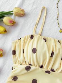 SHEIN Vestido de verano para niñas preadolescentes con lunares amarillos y marrones, busto fruncido y tirantes de malla - Amarillo - Ver 3