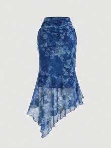 SHEIN MOD 复古绿色油画植物印花网纱两件套，露肩、美人鱼式、不对称下摆设计——完美适用于度假、约会、野餐、派对、舞会和节日庆典 - 藍色 - 查看 8