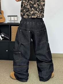 STEELVANCE Jeans casuales rectos y anchos de moda callejera retro para hombres, con diseño de remaches y ojales, de bolsillos múltiples y versátiles - Negro - Ver 7