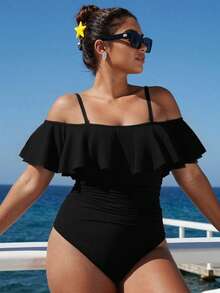 Swim Vcay Plus Size Ribbed Detachable Adjustable Strap Off-Shoulder Flare Sleeve Ruched High-Cut Swimsuit,Black,Summer,Formal,Tropical,Beach,Evening,Holiday - Black - View 3