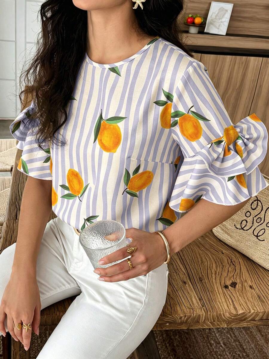 Elouméa Pink Striped & Yellow Lemon Print Round Neck Blouse With Bow Sleeve Decor, Spring/Summer Holiday Wear - Multicolor - View 1
