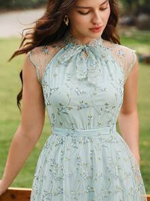 Vintamour Vintage Elegant Women's Dress Floral Embroidery Mesh Bow Tie Casual Holiday Dress Summer Dresses For Women Summer Holiday Outfits Spring Outfit Women Spring Dress Women Spring Clothing Spring Break Outfits Spring Clothes Women Elegant Dresses For Party Elegant Party Dresses For Women Wedding Guest Dress For Women Wedding Party Dress Graduation Dress Elegant Ceremony Dresses Elegant Dresses For Women Formal Dress - Baby Blue - View 3