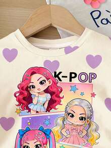 White,Summer,Cute,Graphic,Family Matching Lavender Heart K-POP Cartoon Girl Portrait Print 2-Piece Set,Short Sleeve T-Shirt & Bike Shorts,Sports Wear - Multicolor - View 5