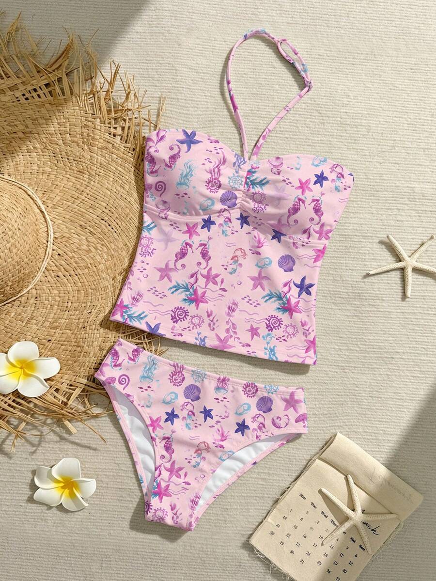 SHEIN Tween Girls Tankini 2 Pieces Swimwear, Casual Spaghetti Strap Bikini For Girls, Spring/Summer - Baby Pink - View 1