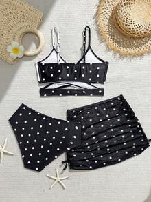 SHEIN Bộ đồ bơi 3 món cho bé gái tuổi teen: Áo và quần bikini in chấm bi, váy lưới. Thích hợp cho bãi biển, hồ bơi, mùa hè, kỳ nghỉ. - Đen và trắng - Xem 2