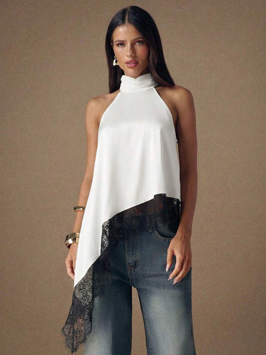 SHEIN BAE Áo hai dây satin màu đen trơn, phối ren, gợi cảm, hở lưng, cổ yếm, viền ren, thích hợp cho tiệc tùng, cocktail và các dịp trang trọng. - trắng - Xem 1