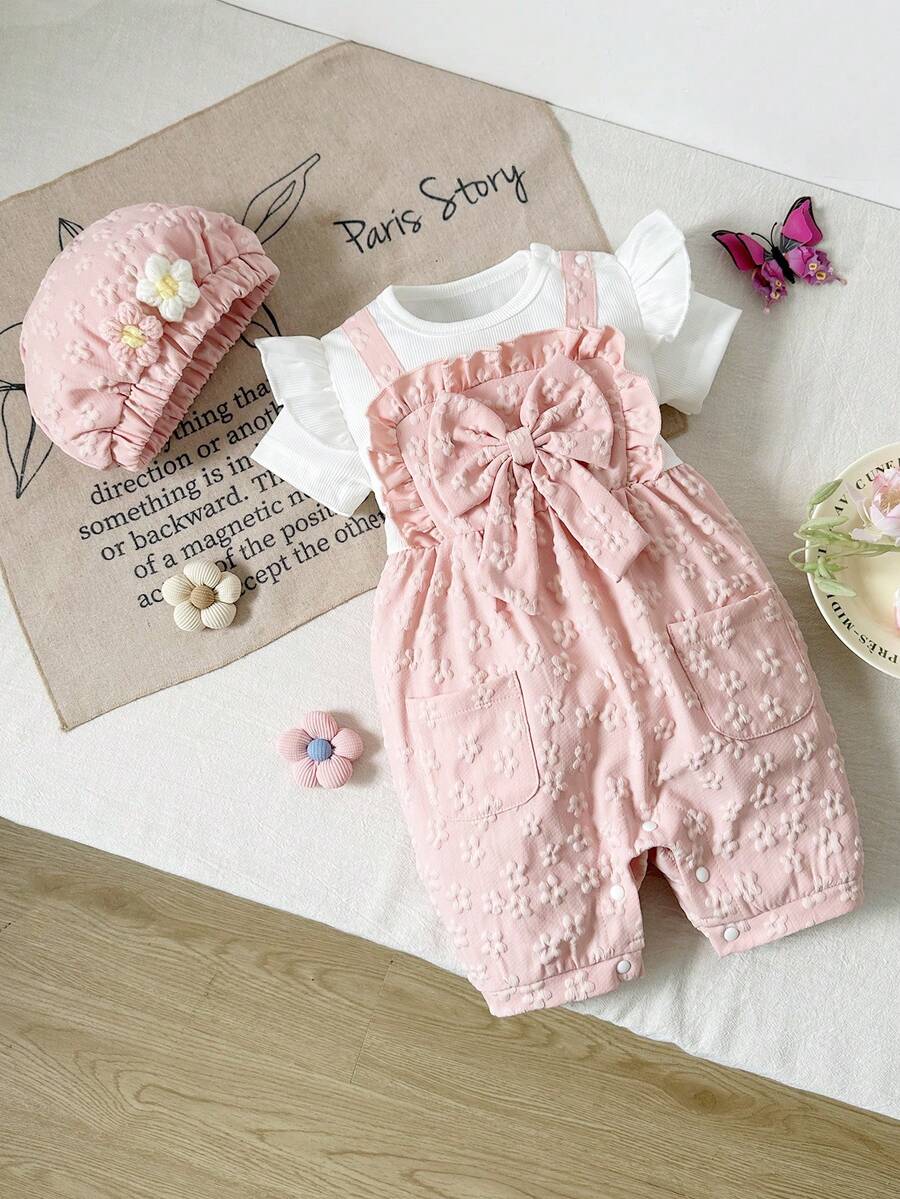 SHEIN Playful Pals Bộ đồ liền thân và mũ tay bèo nhún thêu hoa 3D dễ thương cho bé gái, thích hợp cho mùa hè. - Màu Hồng baby - Xem 1