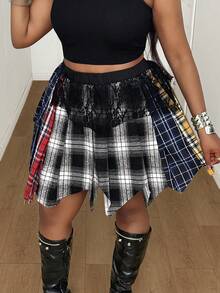Maweii Punk Style Plaid Contrast Lace Mini Skirt, Elastic Waist Asymmetric Hem Sweet & Cool Girl Versatile A-Line Skirt - Multicolor - View 3
