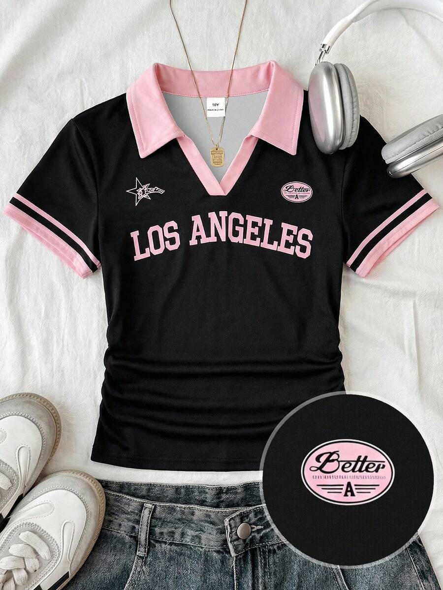 SHEIN 青少年女孩對比領針織休閒對比色塊修身短版上衣,小Logo刺繡,適合母親節、畢業季,春夏季日常、出遊、度假、節日、休閒穿搭,新風格、返校、慵懶氛圍 - 彩色 - 查看 1