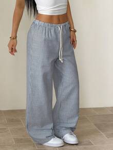 SHEIN PETITE Casual Striped Wide Leg Pants With Drawstring Waist - Blue - View 4