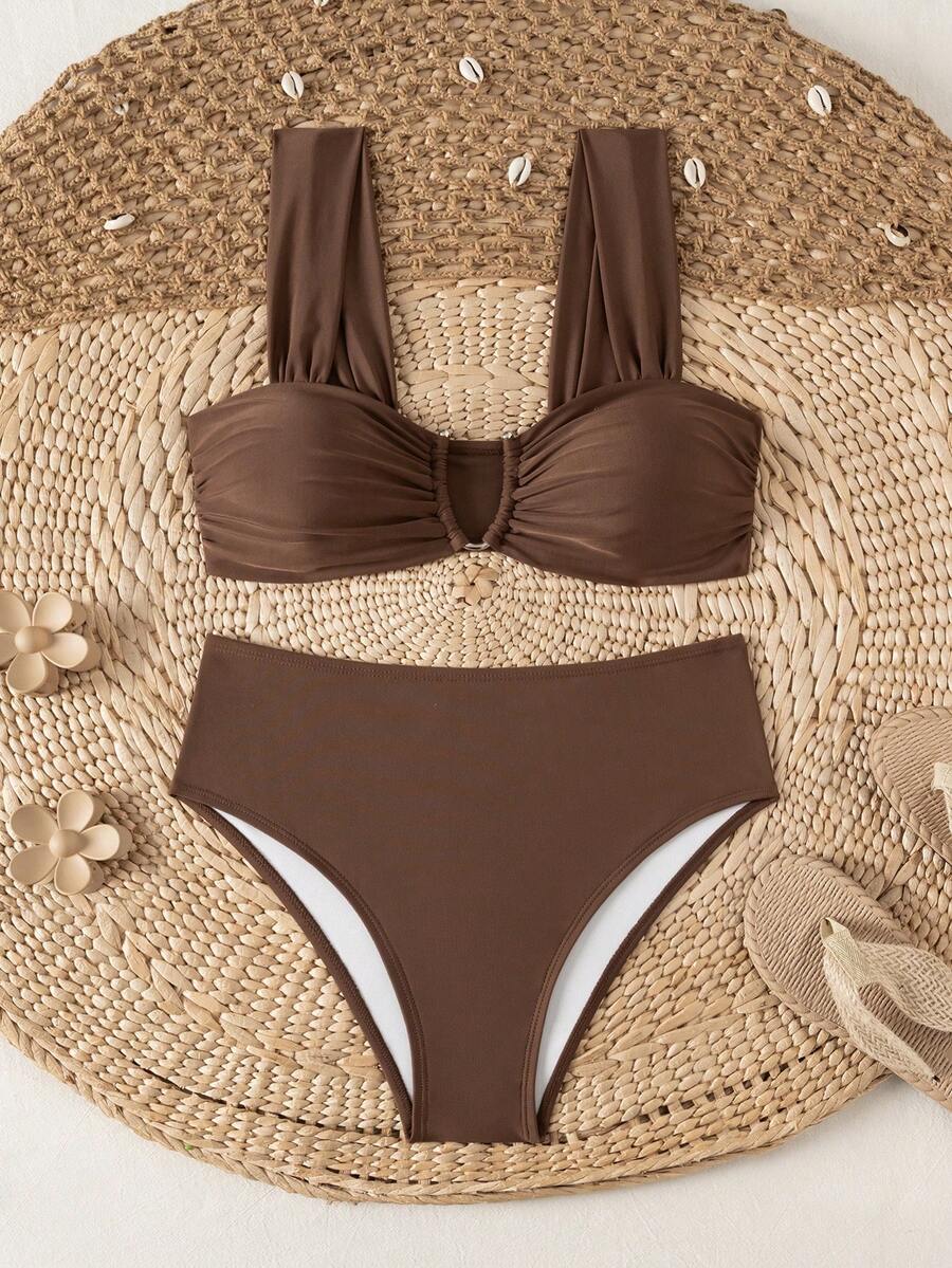 Swim Mod Springbreak Women's New Summer Random Ditsy Floral V-Neck Halter Bikini Set - Coffee Brown - View 1