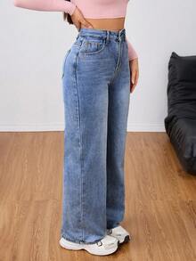 Jeanoix Women's Fashion Versatile Pocketed Zipper Loose Straight Leg Jeans - Dark Wash - View 4