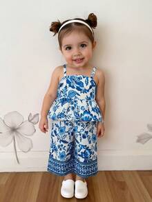 Ensemble décontracté de vacances pour bébé fille, composé d'un top à volants en coton tissé bleu rayé ajusté et confortable, et d'un pantalon large - Multicolore - Voir 1