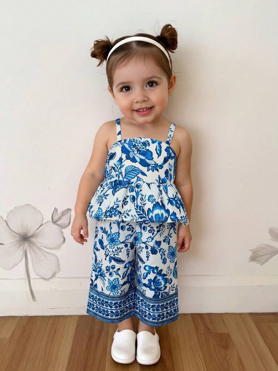 Ensemble décontracté de vacances pour bébé fille, composé d'un top à volants en coton tissé bleu rayé ajusté et confortable, et d'un pantalon large - Multicolore - Voir 1
