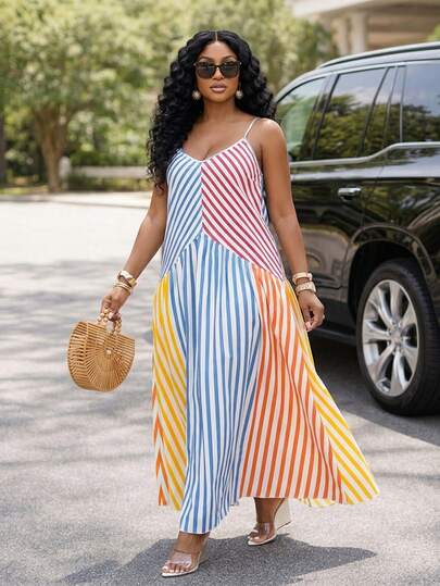 SOLERSUN Plus Size Women's Spring And Summer Fashion Elegant Casual Vacation Long Dress Sleeveless Suspender V-Neck A-Line Skirt With Torn Seams And Colorful Striped Contrasting Splicing, Suitable For Daily Dressing, Shopping, Dating, Music Festivals, Mother's Day, Back To School Season, Teacher's Day, Summer Vacation Dressing
