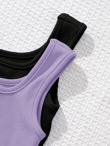 SHEIN Set de 2 piezas Mono de punto de unicolor para niña, estilo urbano, primavera/verano - Multicolor - Ver 5