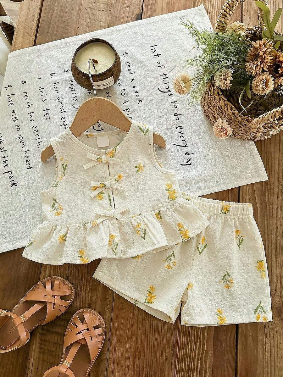 SHEIN LMoss Kids 女婴可爱碎花吊带背心和松紧腰短裤套装，夏季 - 彩色 - 查看 1