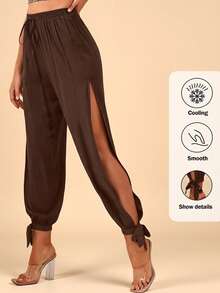 Travachic Split Thigh Knot Hem Solid Pants Spring Summer Clothing - Brown - View 5