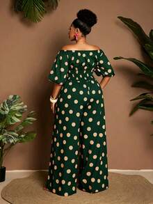 Maweii Plus Size Off-Shoulder Polka Dot Drawstring Waist Short Sleeve Jumpsuit For Vacation - Multicolor - View 4