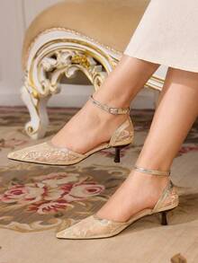 CUCCOO TILAWA French Lace High Heel Mesh Strap Pointed Toe Women Pumps - Rose Gold - View 1