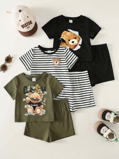 SHEIN 6 Peças Conjunto de Camiseta de Manga Curta e Shorts com Estampa Fofa de Ursinho Unissex para Bebê/Bebê Menino, Conjunto de Roupas para Bebê Menino, Roupas de Verão para Bebê Menino, Streetwear