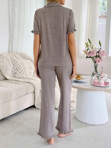 Moonlight&Mama Bộ đồ mặc nhà cho bà bầu kiểu dáng thường ngày, cổ áo, phối họa tiết, viền bèo nhún, gồm 2 món, dành cho nữ. - Màu nâu  Mocha - Xem 2
