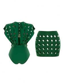 Swim Oasis Hollow-Out Solid Color Round Neck Women's Waist Belt Suit - Green - View 2