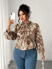 Elenzga Blusa feminina plus size de chiffon azul com estampa floral e mangas compridas. Blusa leve de chiffon com estampa floral, elegante e ideal para o dia a dia. - Castanho - Ver 1