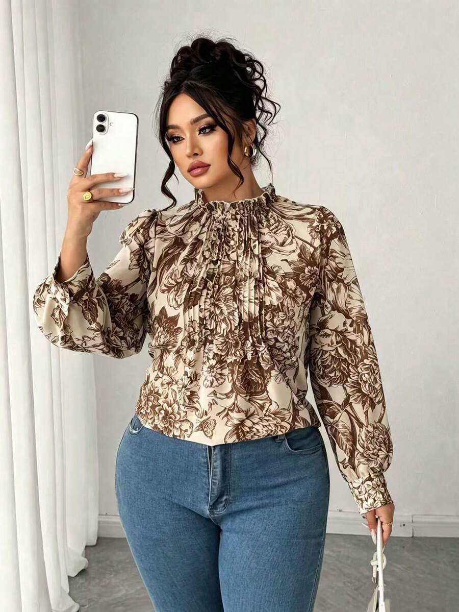 Elenzga Blusa feminina plus size de chiffon azul com estampa floral e mangas compridas. Blusa leve de chiffon com estampa floral, elegante e ideal para o dia a dia. - Castanho - Ver 1