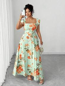 Elenzga Plus Size Women's Vintage French Style Versatile Vacation Date Ruched Waist Slimming Floral Print Ruffle Sleeve Square Neck Maxi Dress - Mint Green - View 5