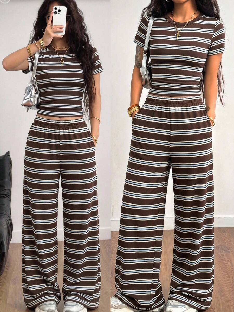 SHEIN Bộ đồ phối 2 món cho bé gái và thiếu nữ, áo thun dệt kim cổ tròn tay ngắn ôm dáng kẻ sọc vintage màu nâu trắng phối cùng quần dài casual, phong cách thể thao đa năng dễ phối đồ cho mùa hè - màu nâu - Xem 1