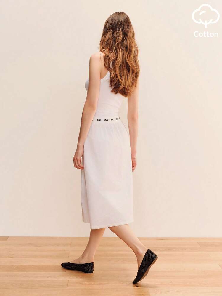 White Cotton Midi Skirt With Contrast Gingham Tie Waist Detail And Mini Broidery Trim Boho Summer French Style Casual Holiday Skirt Cute Summer Skirt Vacation Skirt Vintage Style Cotton Skirt