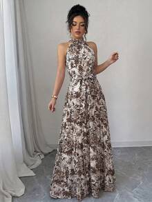 SHEIN Elenzya Ditsy Floral Ruffle Collar Pleated Waist A-Line Elegant Romantic Dress For Women, Suitable For Vacation - Multicolor - View 5