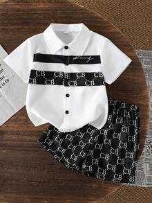 SHEIN Bộ 2 món áo và quần short in chữ CB dành cho bé trai, phong cách thường ngày. - Đen và trắng - Xem 1
