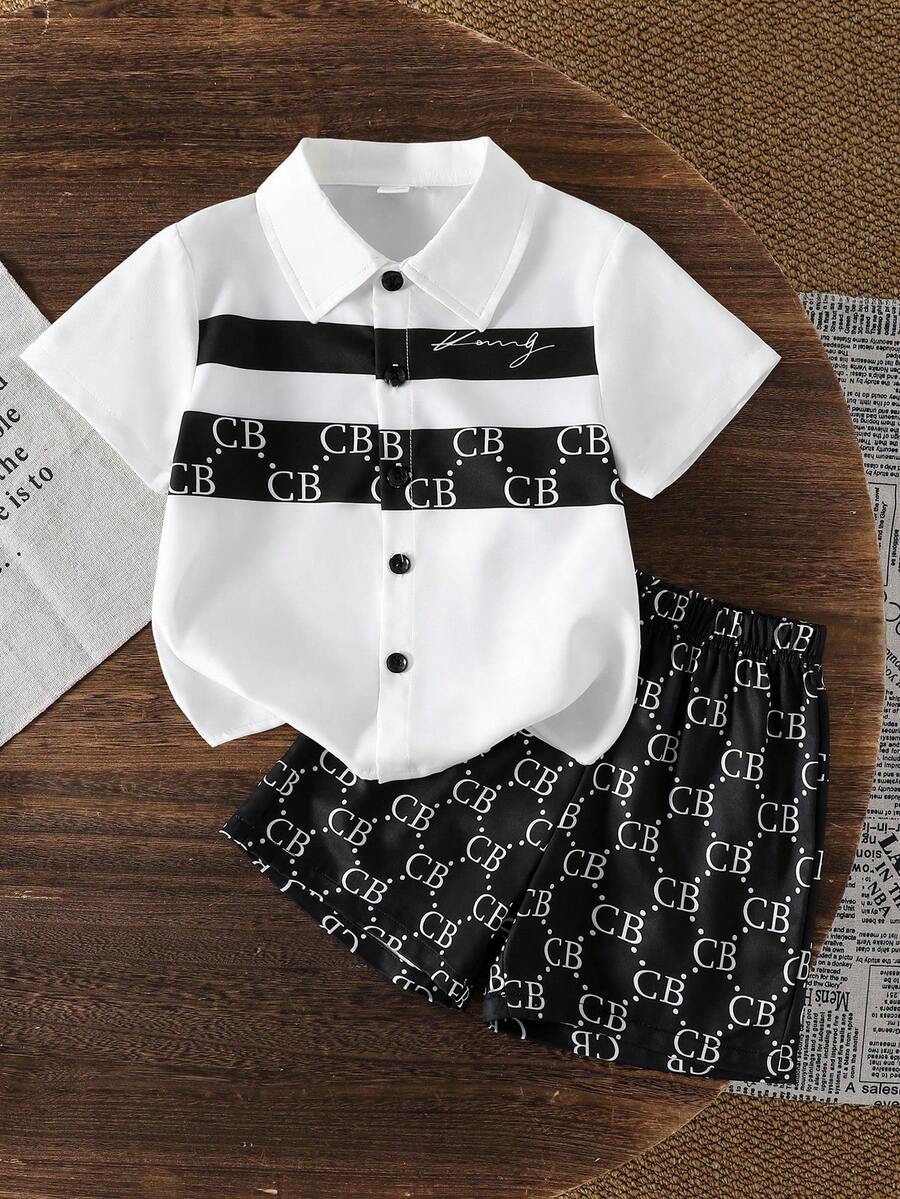 SHEIN Bộ 2 món áo và quần short in chữ CB dành cho bé trai, phong cách thường ngày. - Đen và trắng - Xem 1