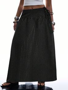 SHEIN EZwear 女款休閒極簡黑色格紋側綁帶長裙/長裙/格紋裙/格子裙/黑色裙 - 黑色 - 查看 5