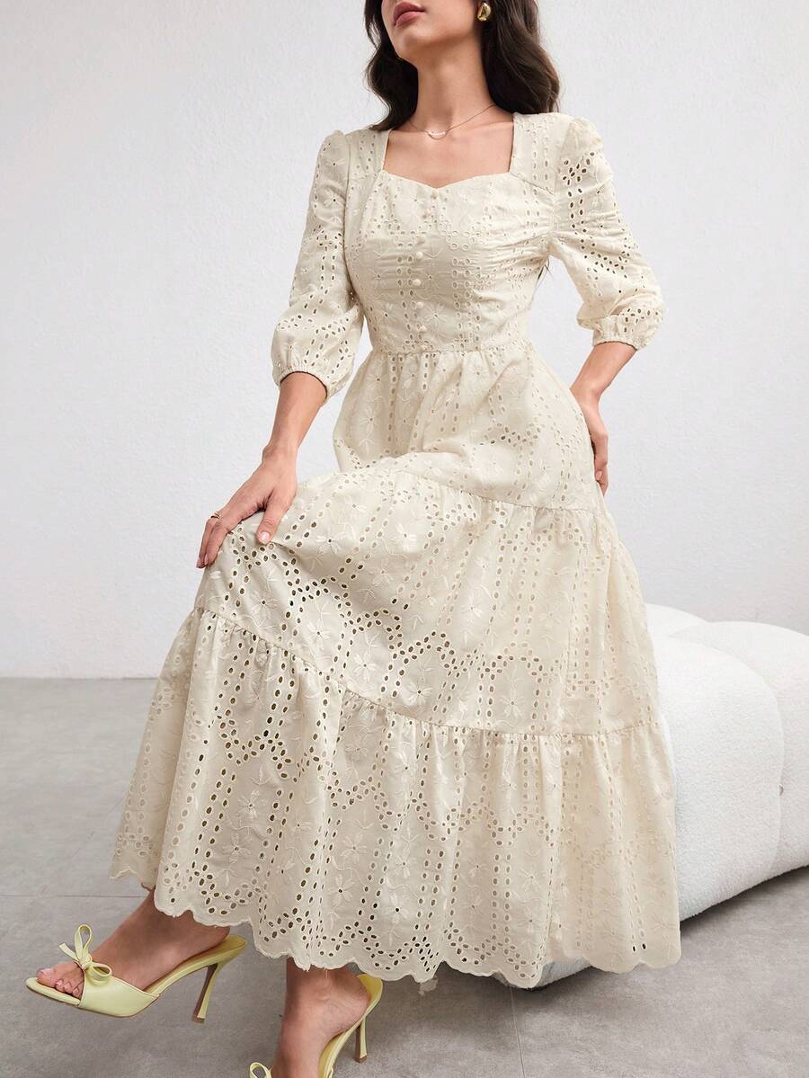 Modelyn 女士长款刺绣花瓣袖浪漫连衣裙,优雅方领,浅黄色,春夏款 - 杏色 - 查看 1