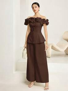 Conjunto de 2 piezas de top con hombros asimétricos y pantalones, elegante y de moda para mujer - Café integral - Ver 6