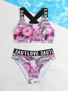 SHEIN 两件套简约设计交叉绑带上衣，饰有LOVE胶带，彩色印花泳衣，时尚独特，适合游泳、度假、夏季穿着，是青少年必备的泳装单品。少女泳衣，适合青少年女孩的两件式泳衣，粉色印花比基尼套装，可爱少女泳衣，适合青少年女孩的泳装。 - 粉色 - 查看 5